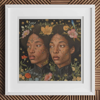 Framed portrait of two women with flowers adorning their hair and surrounding them against a dark background.