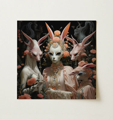 Lowbrow Art style image featuring figures with animal masks and floral elements in a surreal setting.