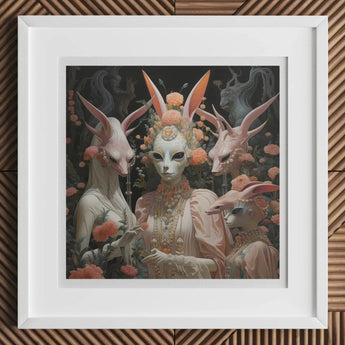 Framed surrealist artwork depicting a masked figure with rabbit-like creatures and ornate decorations.