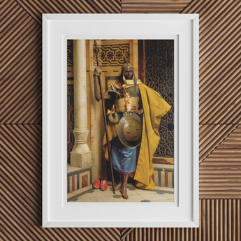 Framed painting of a palace guard in ornate yellow and gold attire holding a shield and spear.