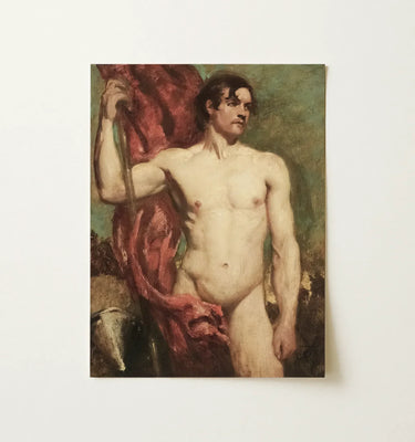Male Nude Art depicting a nude man holding a red cloth, showcasing the beauty of the male form in a painting.
