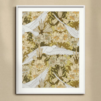 Framed art print featuring white birds in flight among stylized yellow and green floral patterns.