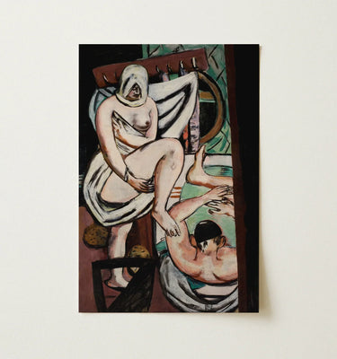 Max Beckmann painting featuring a woman dressed in black, holding a pink object, set against a dark background.