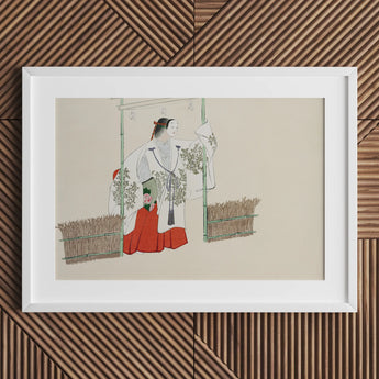 Framed artwork depicting two figures in traditional East Asian attire amid plants.