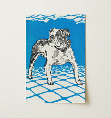 Moriz Jung illustration of a French bulldog framed on a textured wood background.
