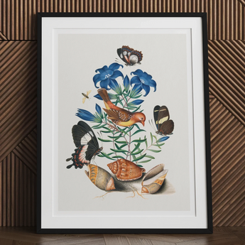 Framed botanical illustration featuring blue flowers, birds, and butterflies.