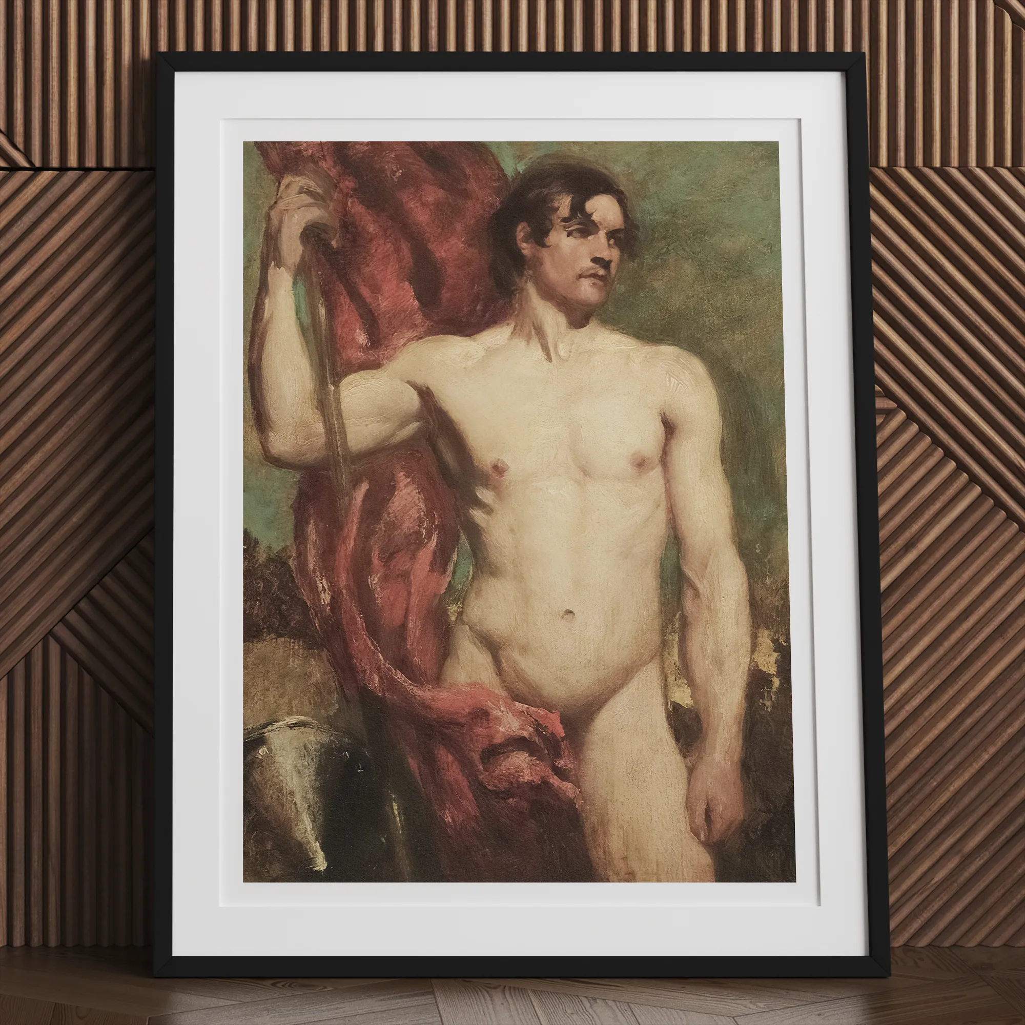 Framed painting of a nude male figure with dark curly hair holding a red drape.