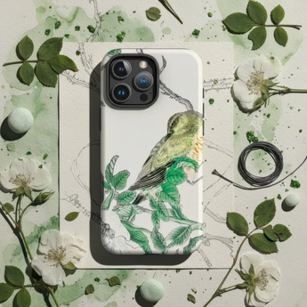 IPhone case featuring a delicate illustration of a green bird perched on leafy branches.