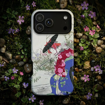 Ogata Gekko art phone case design featuring a woman in traditional clothing surrounded by flowers.
