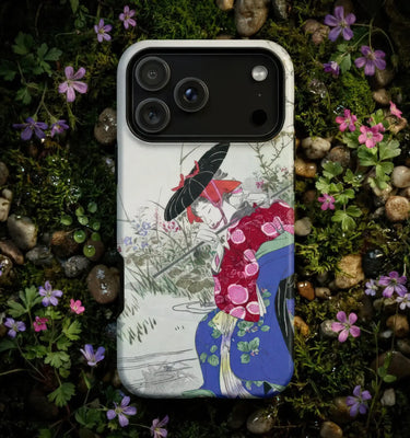Ogata Gekko art phone case design featuring a woman in traditional clothing surrounded by flowers.