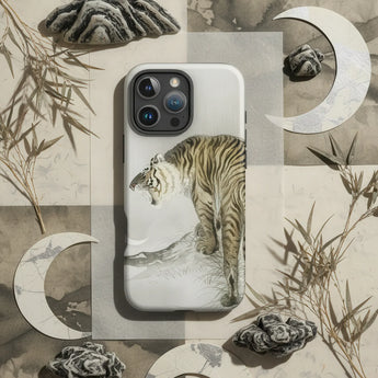 Tiger with distinctive stripes roaring at a crescent moon.