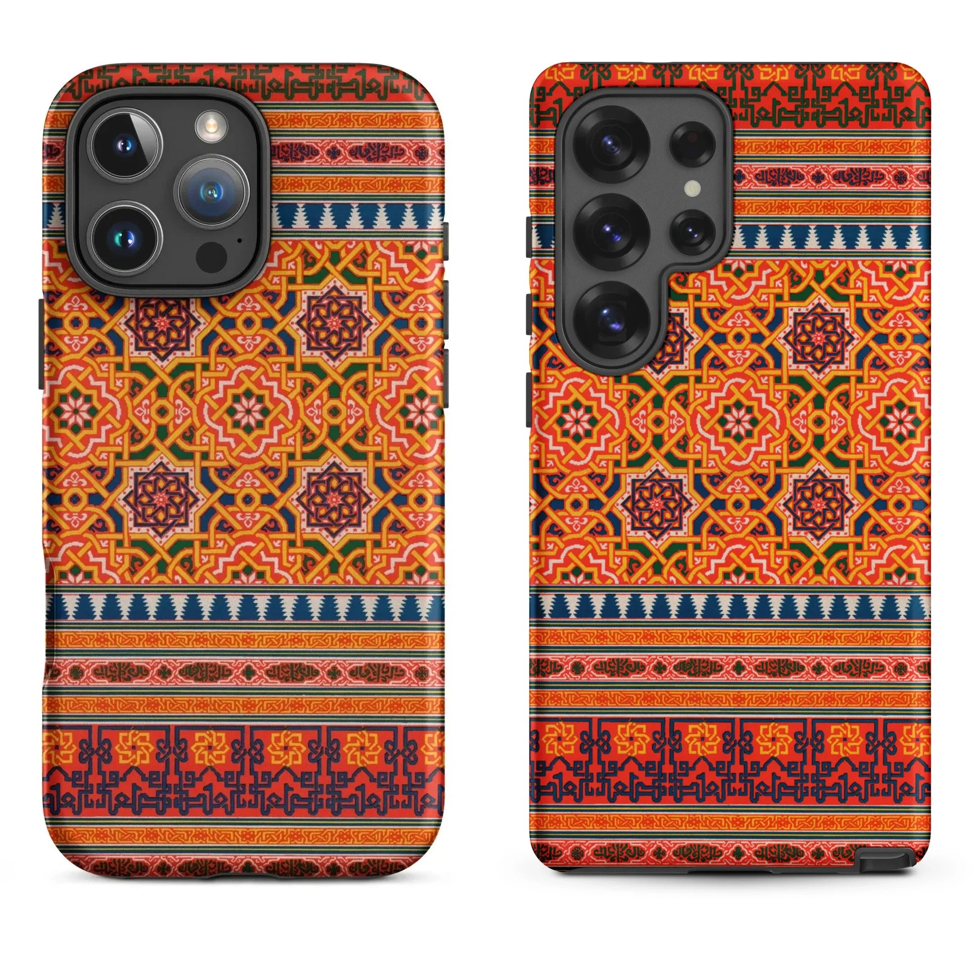 IPhone with a decorative gold and white floral patterned case.