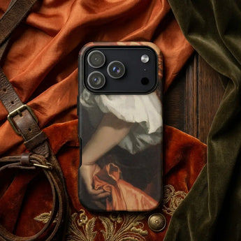 Orange Phone Cases featuring an intricate pattern on a stylish phone case surrounded by decorative items.