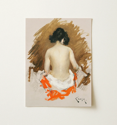 Orange Wall Art featuring a back view of a woman with a loose hairstyle and an orange and white draped fabric.