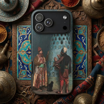 Orientalist phone cases showcasing a stone staircase design, surrounded by decorative elements and gems.