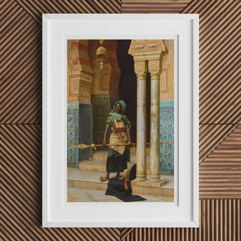 Framed painting depicting a person in traditional Middle Eastern attire standing between ornate columns.