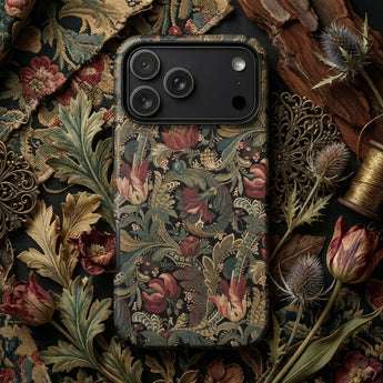 Pattern Art Phone Cases featuring intricate patterns and vibrant colors surrounding a phone on a marble surface.