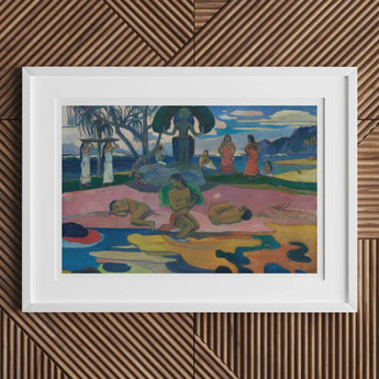 Framed painting depicting a colorful tropical scene with figures and palm trees.