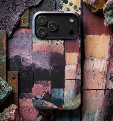 Phone case back with textured abstract paint-splatter design in muted purples and earthy tones from paul klee’s hand collection