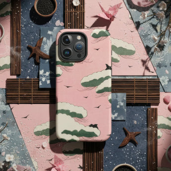 Pink Phone Cases featuring a cute cloud design against a colorful background.