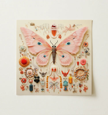 Artistic pink wall art featuring a large pink butterfly and decorative elements in a framed display.