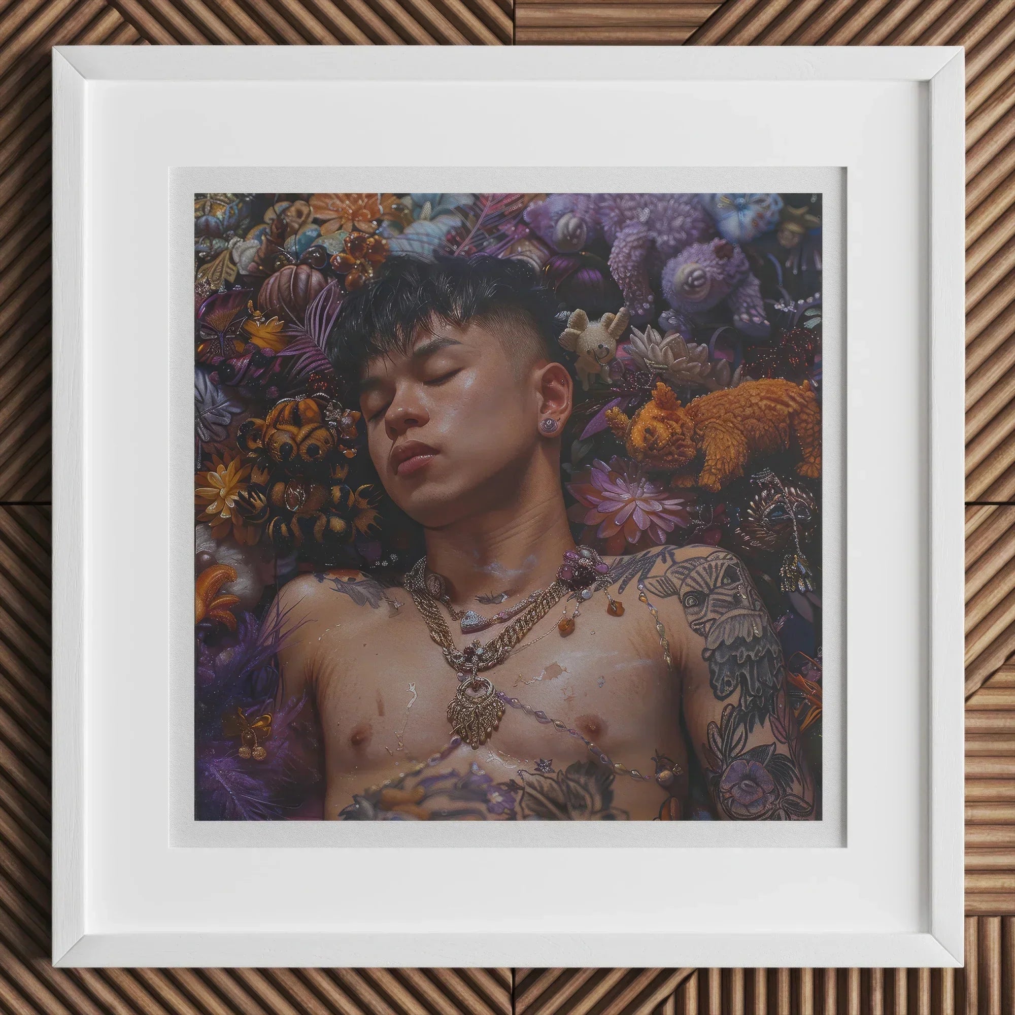 Framed purple and white floral patterned artwork.