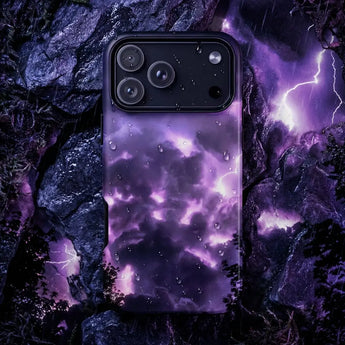 Purple Phone Cases featuring a cloudy design surrounded by purple crystals on a silky surface.