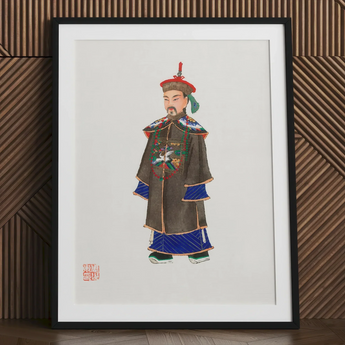Framed artwork depicting a traditional Chinese imperial official in ornate robes and hat.