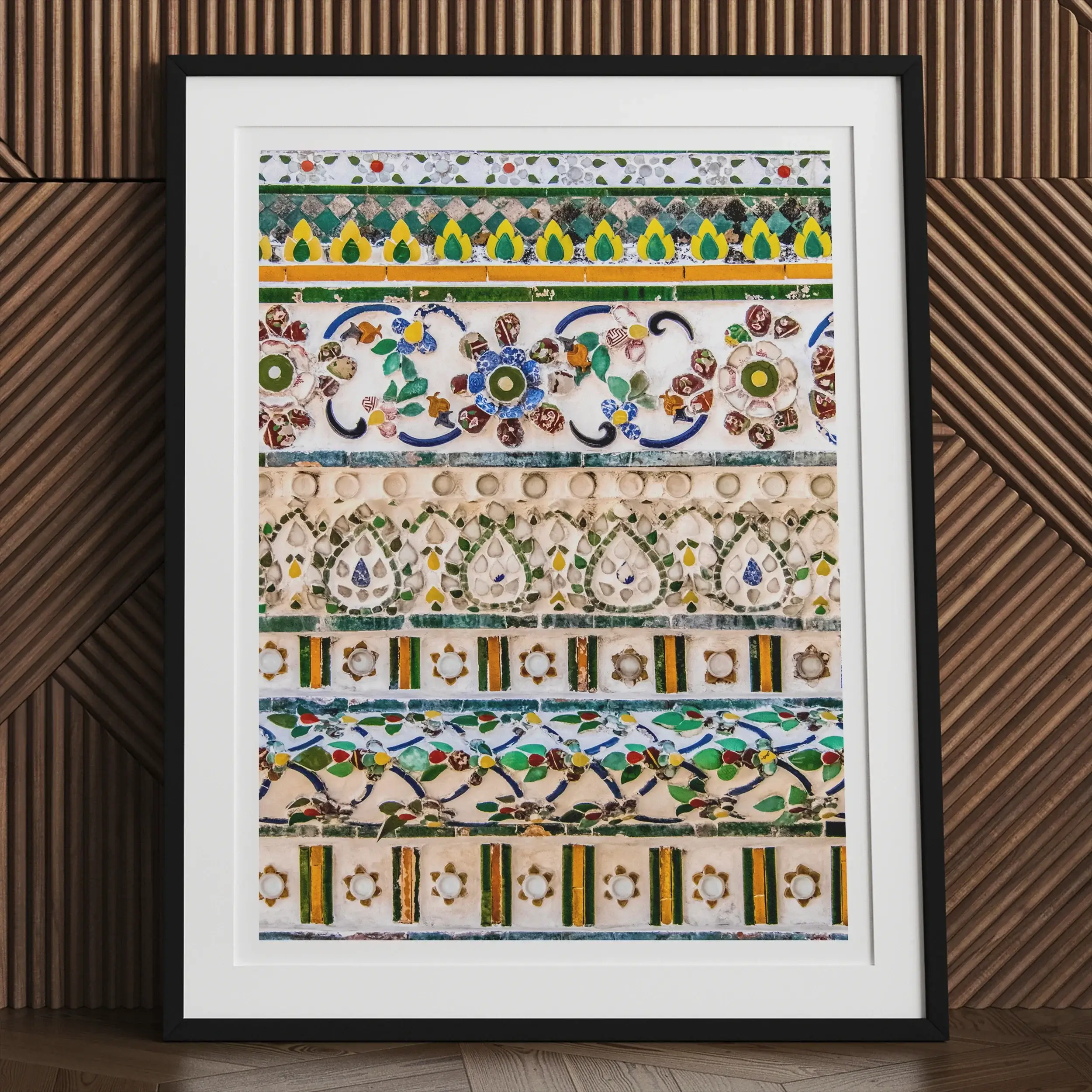 Framed abstract artwork featuring colorful, organic shapes and swirling patterns.