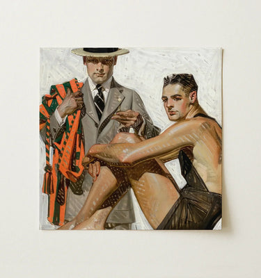 Square Canvas Painting Two Men Vintage Attire Gray Cool Summer Comfort, Record Time, Tailoring Meets Leisure, Joseph Christian Leyendecker,
