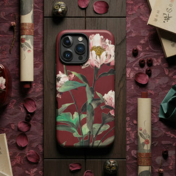 Red Phone Cases featuring a floral design on a burgundy background with artistic details.