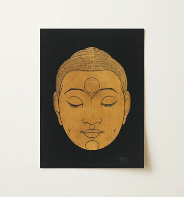 Reijer Stolk illustration of a serene Buddha face with golden tones and meditative expression