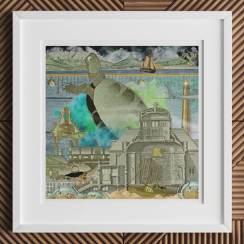 Framed collage artwork featuring a surreal underwater scene with buildings, sea creatures, and boats.