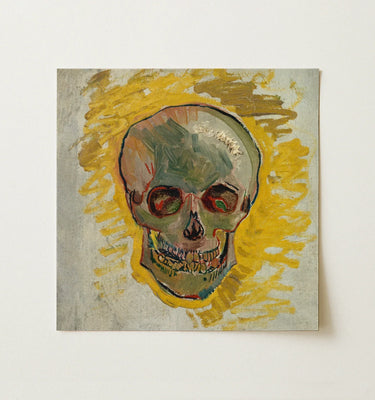 White framed skull art print with yellow background and greenish gray tones in skull art collection