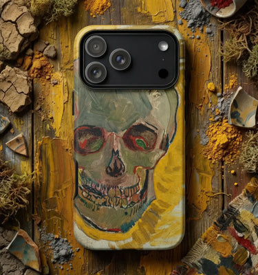 Iphone 13 pro max case featuring white skeleton skull art design on gray background in skull art phone collection.