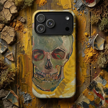 Iphone 13 pro max case featuring white skeleton skull art design on gray background in skull art phone collection.
