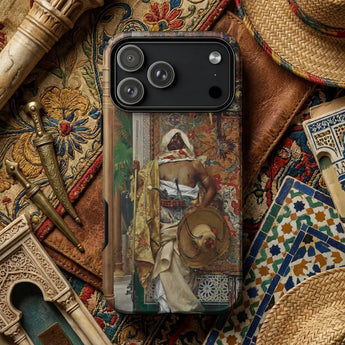 Spanish phone cases featuring a dynamic artwork on a smartphone surrounded by decorative elements and mystical objects.