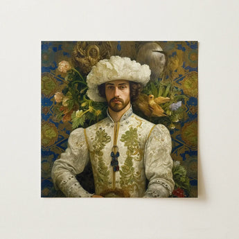 Spanish Wall Art featuring an elegant portrait of a man in ornate attire surrounded by flowers and birds.