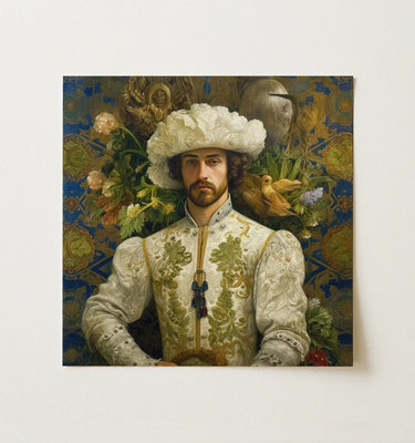Spanish Wall Art featuring an elegant portrait of a man in ornate attire surrounded by flowers and birds.