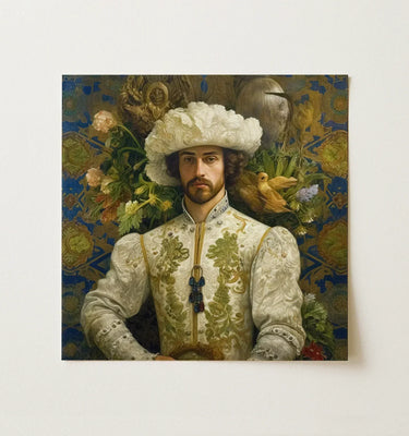 Spanish Wall Art featuring an elegant portrait of a man in ornate attire surrounded by flowers and birds.
