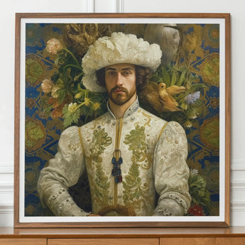 Portrait of a man wearing an ornate white and green embroidered coat and a large white feathered hat.