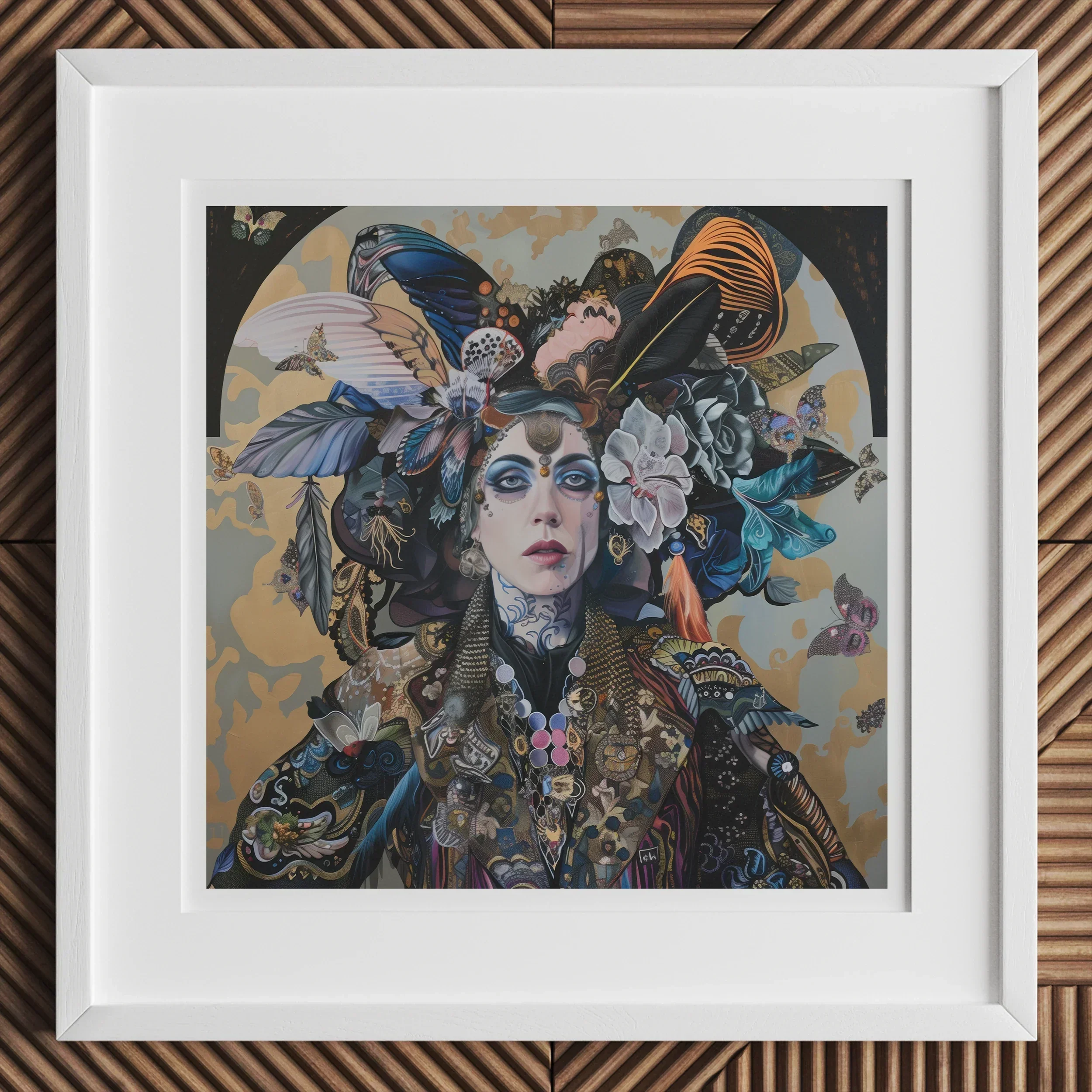 Framed colorful artwork depicting a whimsical cityscape with figures and fantastical elements.