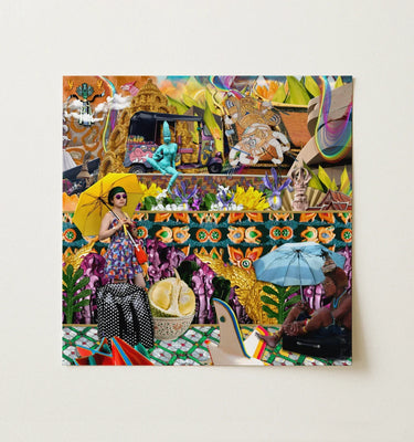 Colorful eclectic festival scene in toby leon’s surreal collage art featuring vibrant figures and objects.