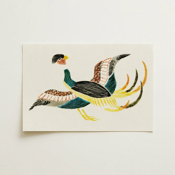 Colorful woodblock print of a stylized bird by Taguchi Tomoki, showcasing intricate patterns and vibrant colors.
