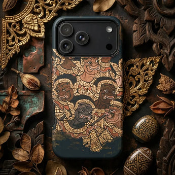 Thai phone cases featuring vibrant designs of mythical creatures and gold accents on a dark background.