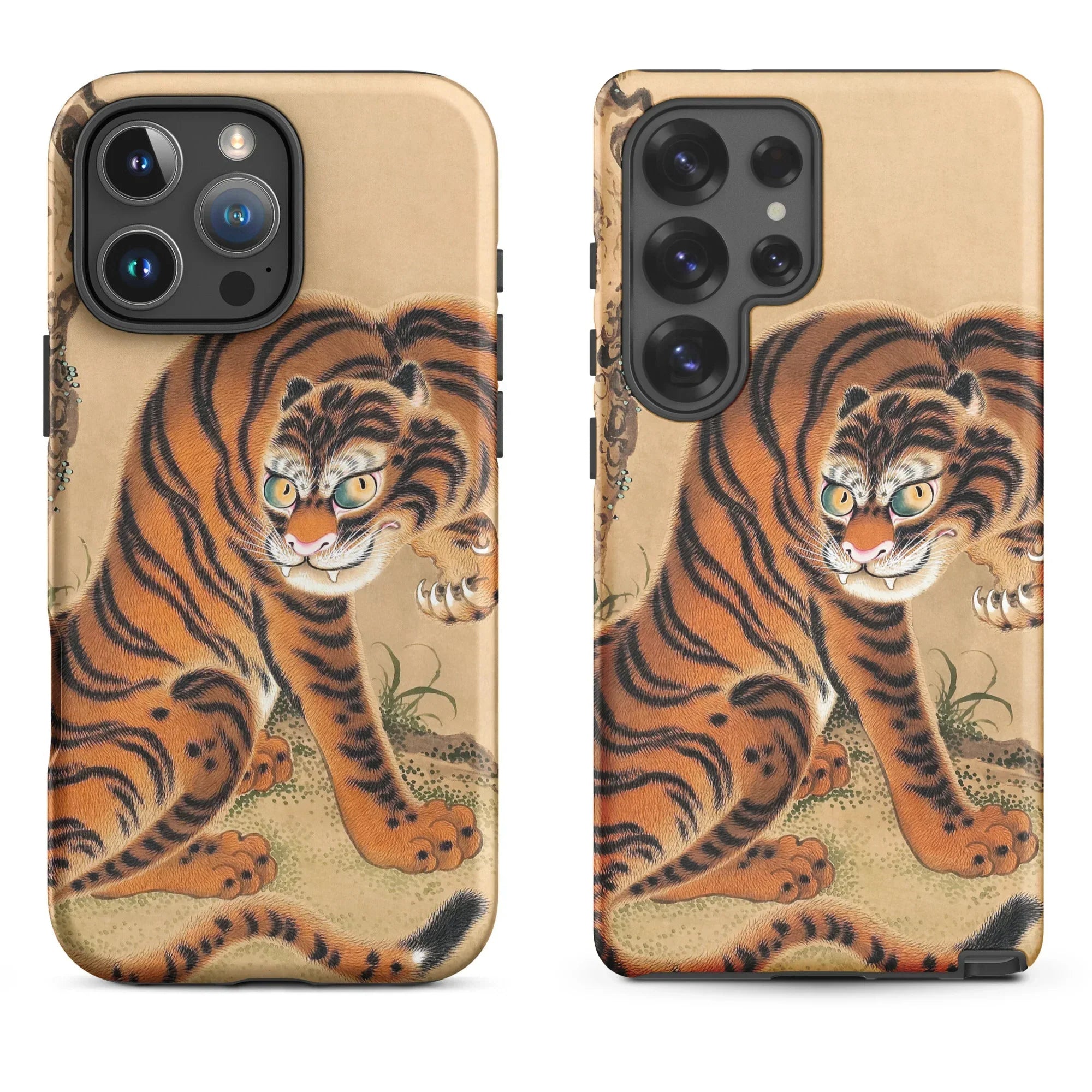 White phone case with tiger design.
