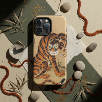 Tiger Phone Cases featuring a fierce tiger design on a phone case surrounded by natural elements.