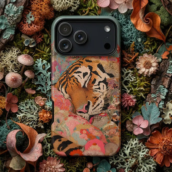 Tiger Phone Cases featuring a fierce tiger design on a phone case surrounded by natural elements.