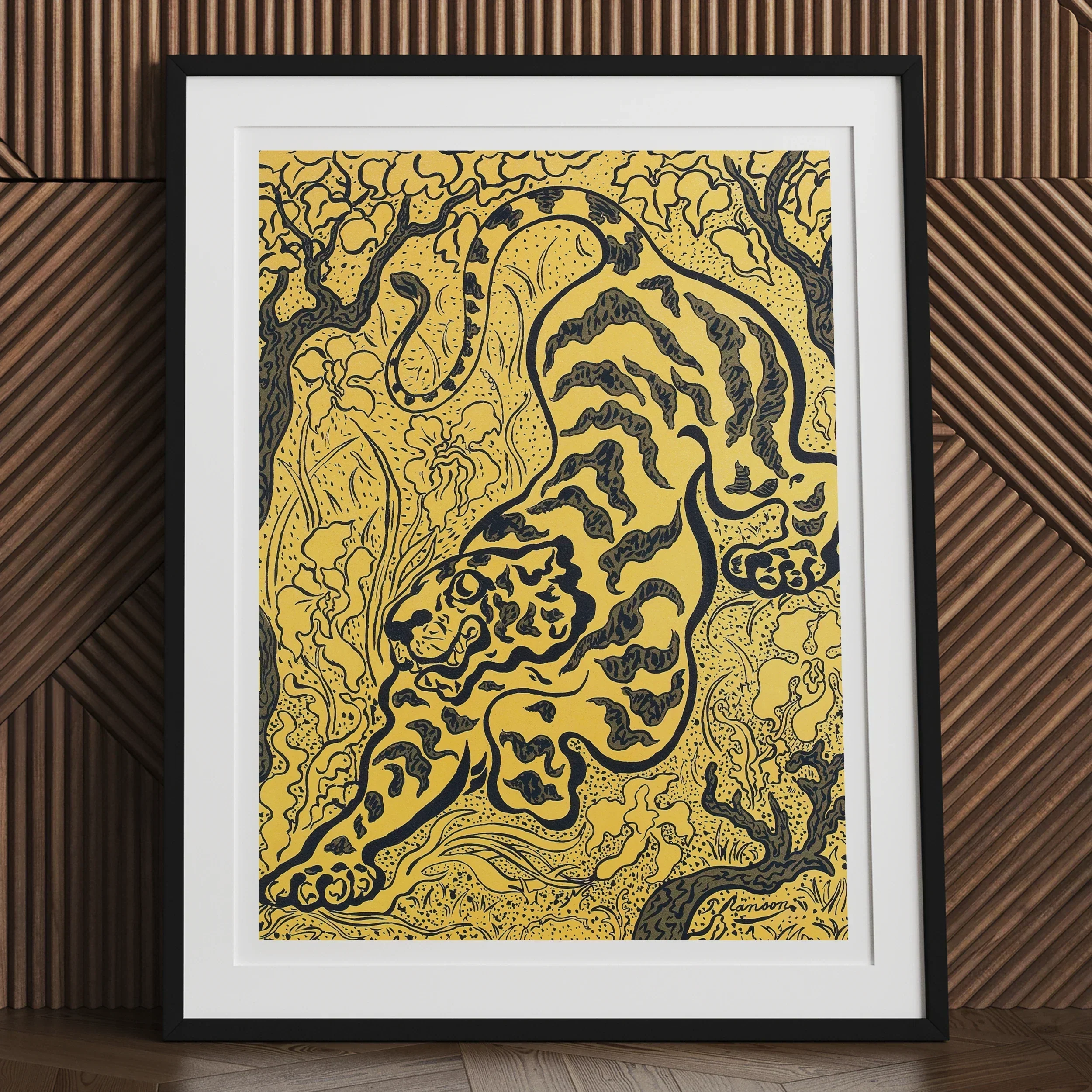 Stylized tiger or big cat rendered in black and yellow with intricate patterns.