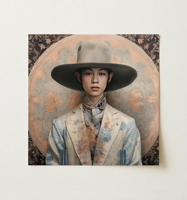 Transgender Cowboy portrait featuring a young individual in a floral suit and wide-brimmed hat, artful background.